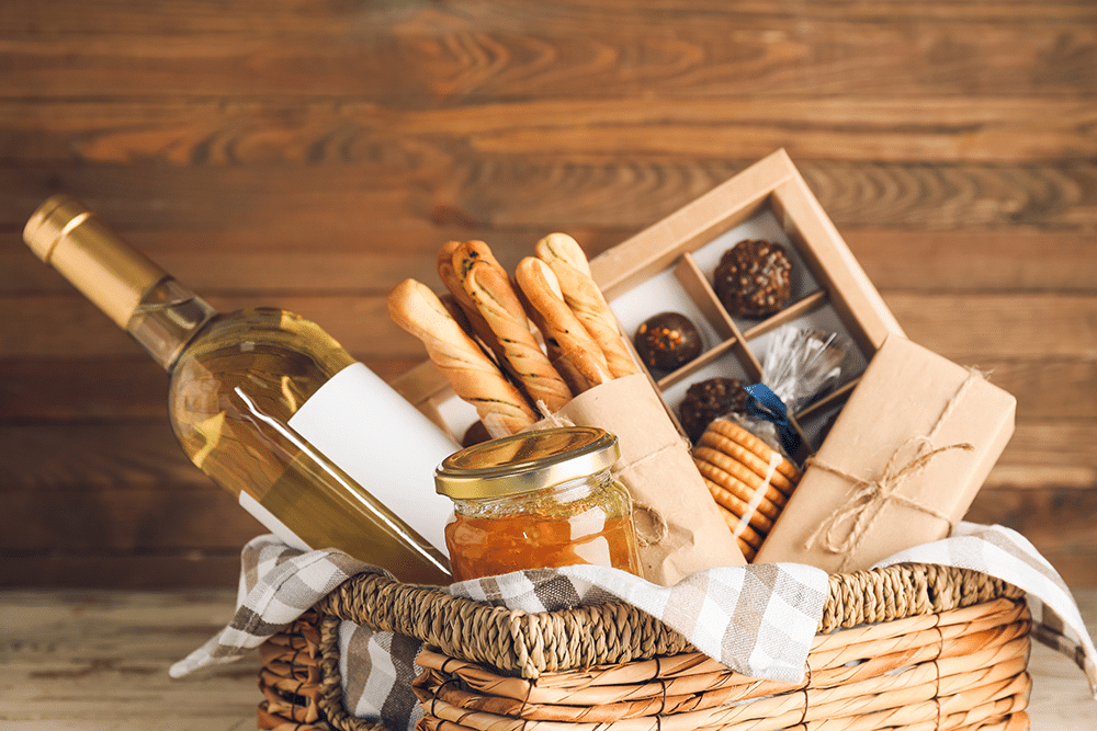 gift basket with wine and snacks