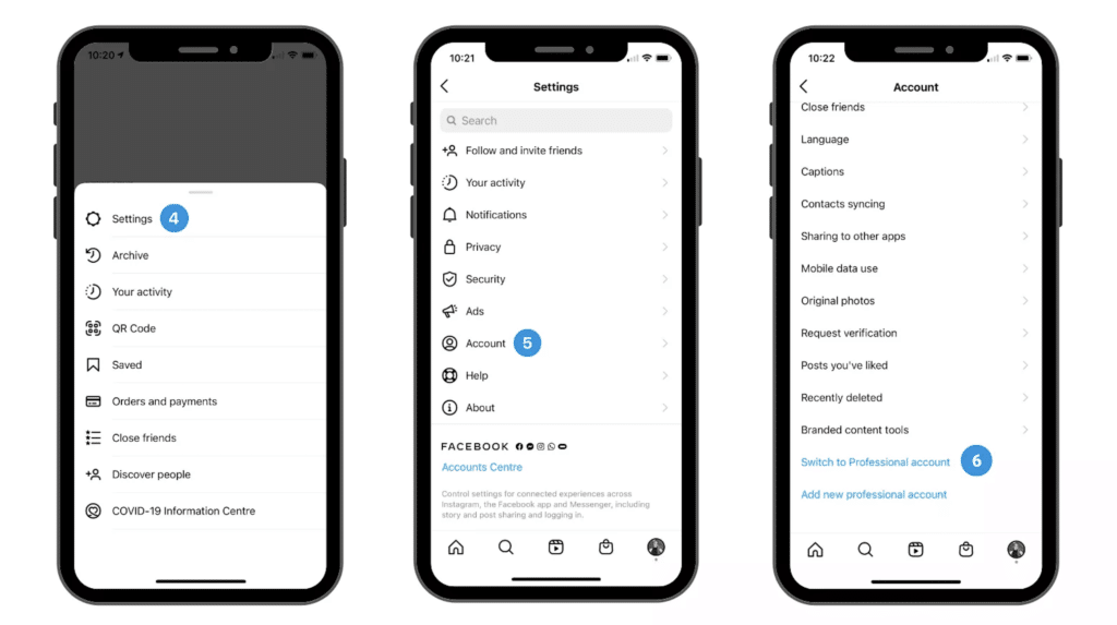 three phone showing Instagram settings