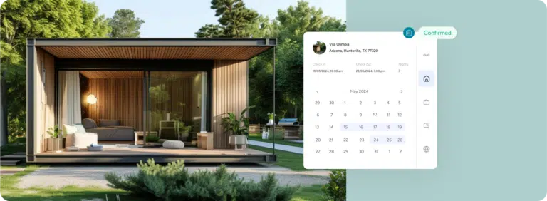 Confirmed Booking: A cozy, modern cabin with large glass windows surrounded by greenery. A booking confirmation overlay shows check-in and check-out dates.