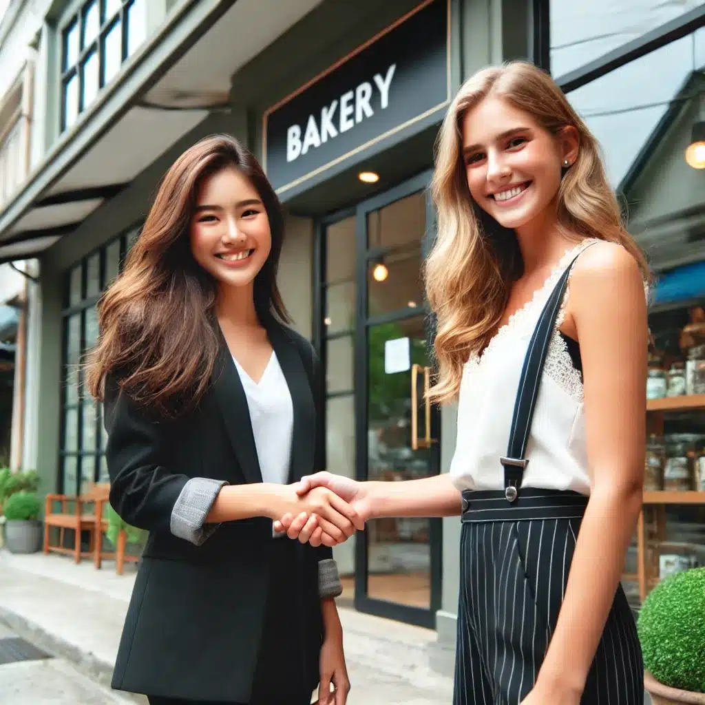 : Two women shaking hands in front of a bakery,