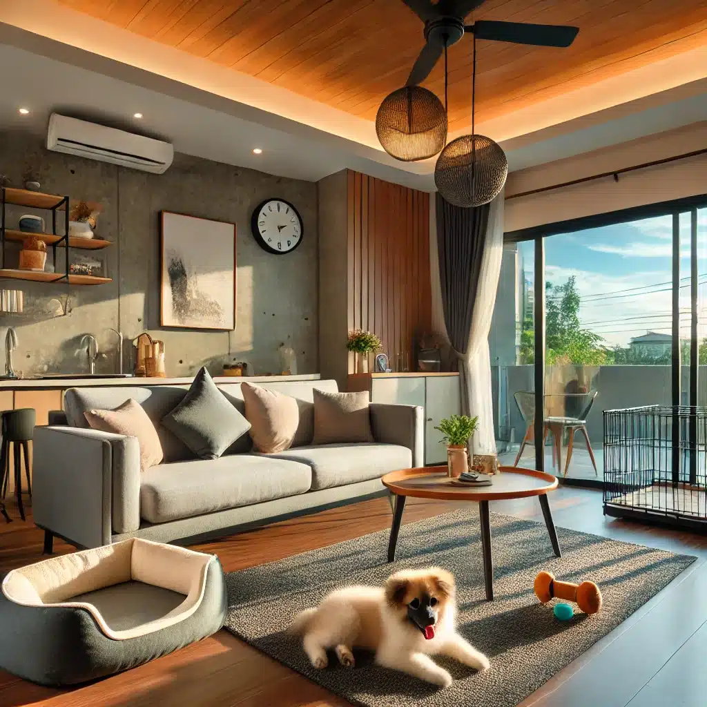 Modern living room with pet-friendly furnishings and a pet bed.