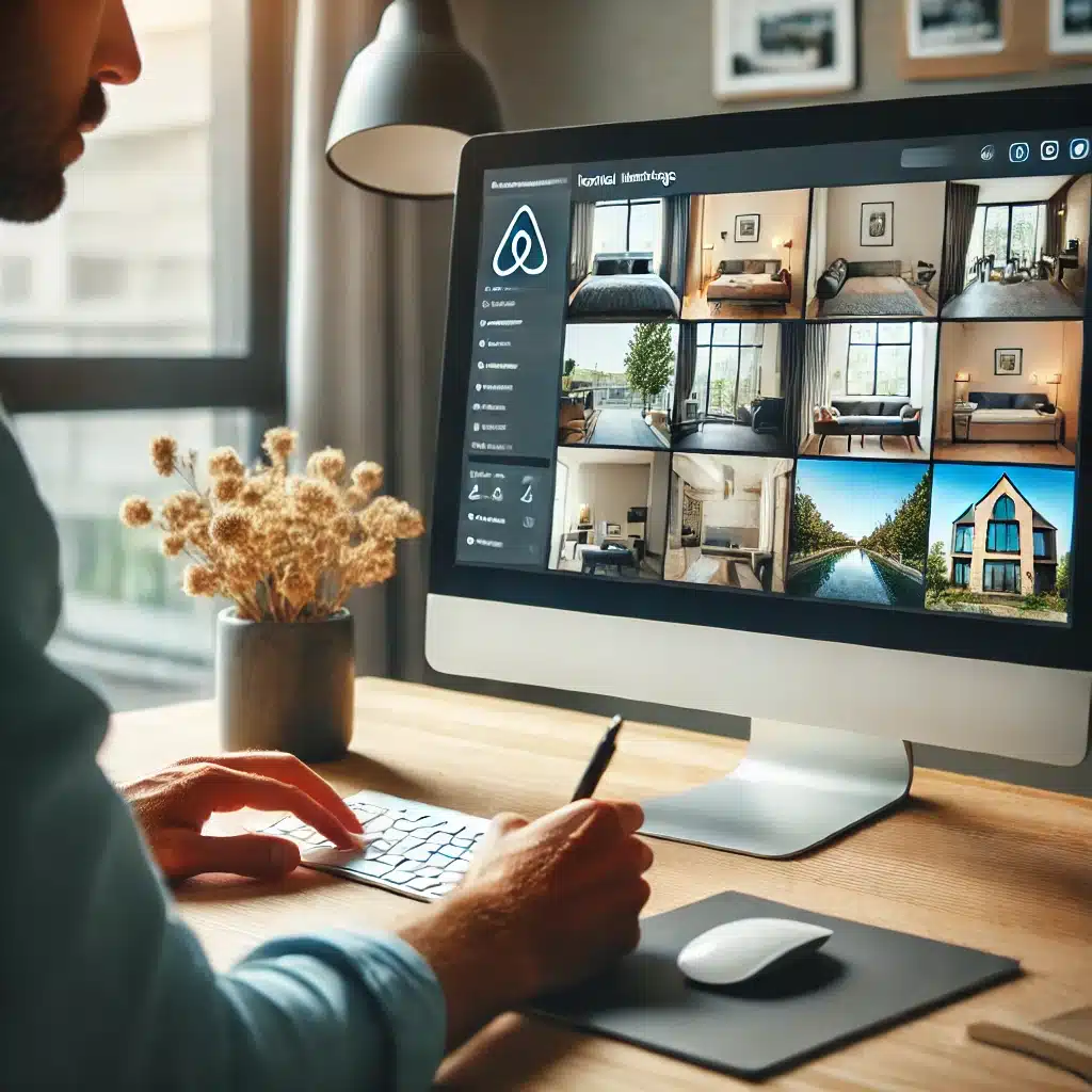 Person working on a computer displaying property images.